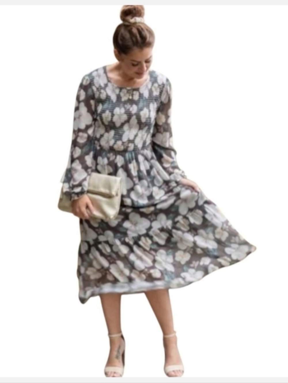 Jilly Box Floral Smocked Midi Dress in Brown and Cream - Picture 11 of 13